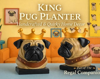 King Pug Planter - Handbemalte Mops Büste Pflanzgefäß mit Krone | Hundeliebhaber Geschenk | Wunderliche Wohnkultur | Schreibtisch Organizer