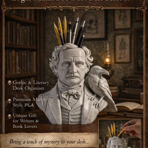 May include: A pen holder in the style of a marble bust of Edgar Allan Poe, with a raven on the shoulder. The holder contains pens and pencils. The text reads "Dark Academia Decor" and "Edgar Allan Poe Bust Pen Holder."