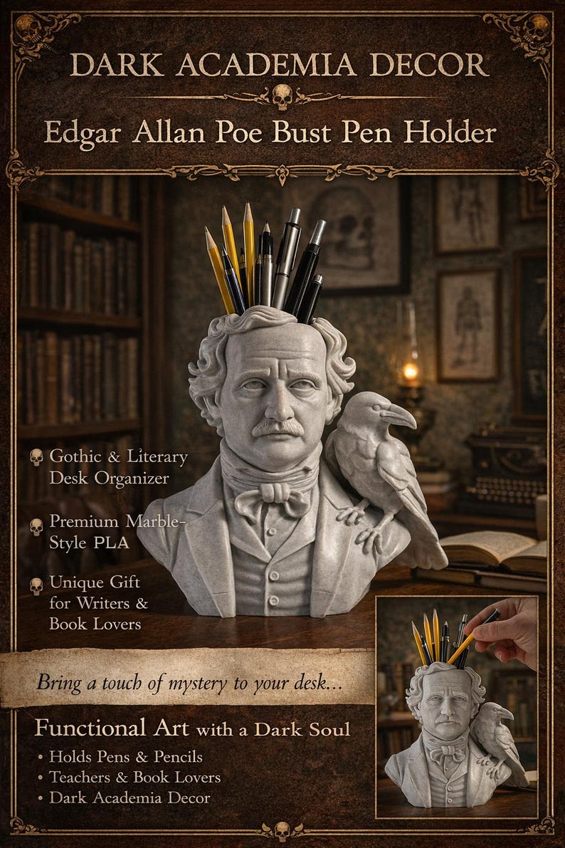 May include: A pen holder in the style of a marble bust of Edgar Allan Poe, with a raven on the shoulder. The holder contains pens and pencils. The text reads "Dark Academia Decor" and "Edgar Allan Poe Bust Pen Holder."