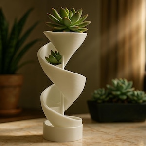 May include: A white, spiral-shaped planter holding two small succulents. The planter has a modern design and sits on a marble-like surface. Other plants in pots are in the background.