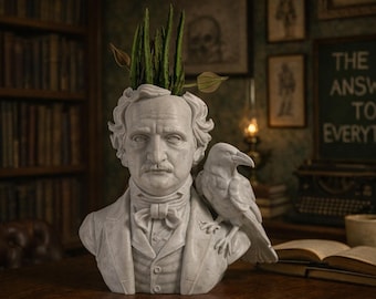 Edgar Allan Poe Büste Pflanzgefäß oder Stiftehalter | Premium Matt Marmor Schreibtisch Organizer | Dark Academia Dekor | Gothic Rabe Geschenk