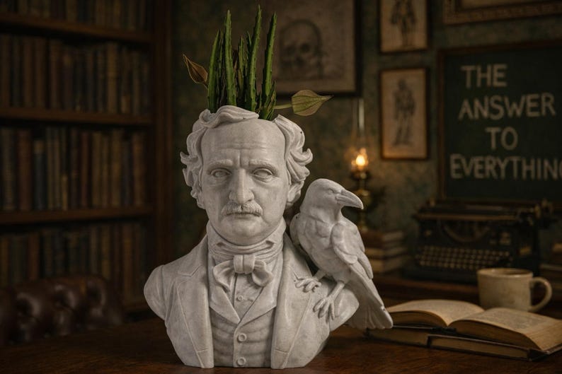 May include: A white bust of Edgar Allan Poe, with a raven on his shoulder, used as a planter for green plants. The bust is on a wooden table, with a chalkboard that says "THE ANSWER TO EVERYTHING" in the background.