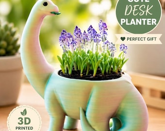 Cute Dinosaur Planter with Succulent – 10" Plant Pot Gift for Desk Decor, Unique Gift for Plant Lovers, Brachiosaurus Pot
