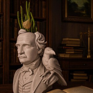 May include: A stone bust of a man with a raven on his shoulder, with a plant growing from the head. The background features a bookshelf and a desk with books. The bust is in a room with a dark, antique aesthetic.
