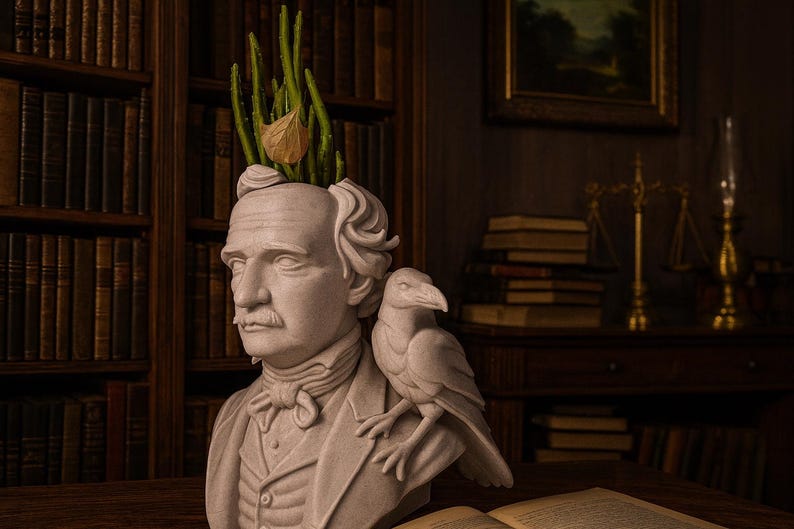 May include: A stone bust of a man with a raven on his shoulder, with a plant growing from the head. The background features a bookshelf and a desk with books. The bust is in a room with a dark, antique aesthetic.