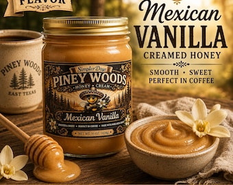 Mexican Vanilla Creamed Honey | Raw Whipped Honey Spread | Smooth & Creamy Honey | Gourmet Breakfast Topping | Texas Made Honey