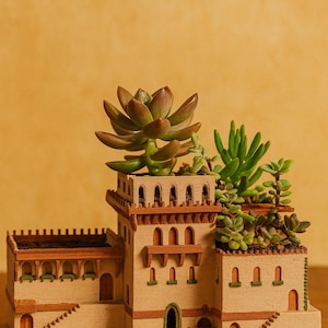Puede incluir: Una maceta en miniatura con forma de castillo, con un exterior marrón claro y un techo marrón oscuro. La maceta está llena de varias suculentas verdes. El diseño incluye ventanas arqueadas, una pequeña puerta y adornos decorativos.