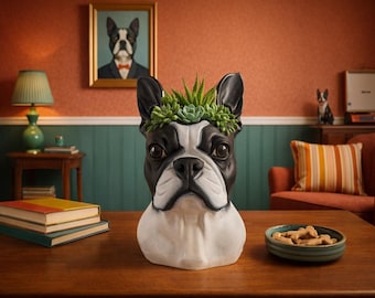 Boston Terrier Planter - Handbemalte Hundepflanzer | Königliche Begleiter-Kollektion | Sukkulenten Pflanzer | Boston Terrier Geschenk | Schreibtisch Home Decor