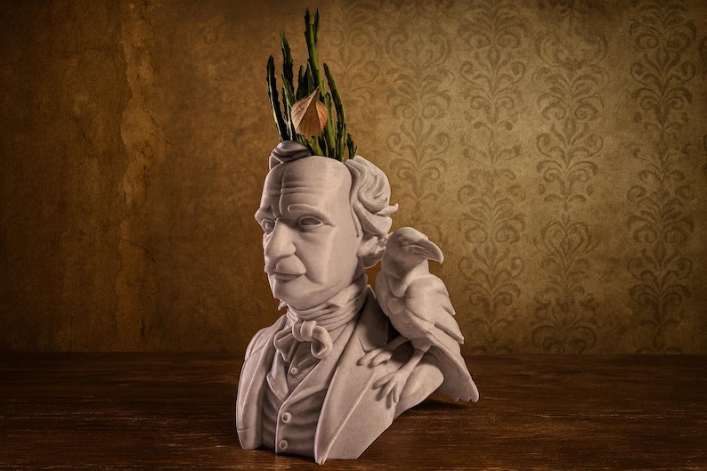 May include: A white bust of a man with a raven on his shoulder, and greenery emerging from the head. The bust is set against a brown and gold patterned background, creating a vintage aesthetic.