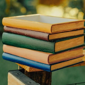 Stacked Books Planter – Hand Painted Book Lover Gift – 3D Printed Succulent Pot – Teacher Gift – Fake Book Decor – Library Desk Accessory