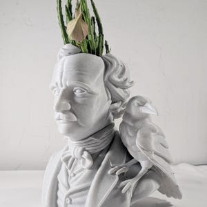 May include: Marble-effect bust of a man with a raven on his shoulder, with a plant growing from the top of his head. The bust has a textured finish. The text "COLOR: MARBLE" is at the bottom.