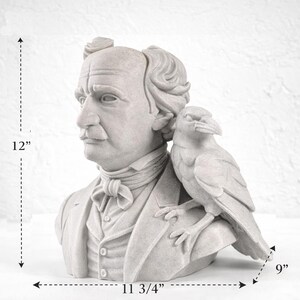 May include: A grey bust of a man with a raven perched on his shoulder. The sculpture is 30.5 cm tall, 29.8 cm wide, and 22.9 cm deep. The man wears a suit and bow tie. The raven faces forward.