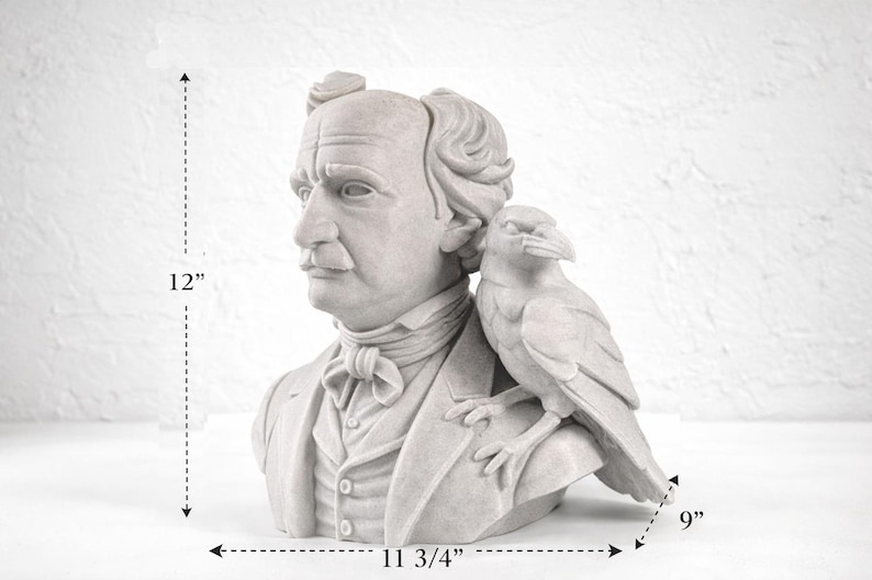 May include: A grey bust of a man with a raven perched on his shoulder. The sculpture is 30.5 cm tall, 29.8 cm wide, and 22.9 cm deep. The man wears a suit and bow tie. The raven faces forward.