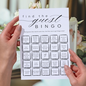 Plantilla de bingo "Encuentra al invitado", plantilla para boda, tarjeta de bingo minimalista para baby shower, juegos de mesa para boda, plantilla de Canva, bingo para boda