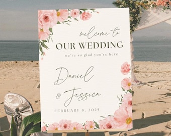 Wedding Welcome Sign Template, Modern Wedding Sign, Floral Wedding Sign, Editable Wedding Sign, Canva Template, Welcome To Our Wedding Sign