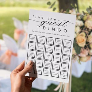 Modello per il gioco del bingo "Trova l'ospite", scheda per il gioco del bingo per la doccia minimalista, modello per matrimonio, giochi da tavolo per matrimonio, modello Canva, bingo per matrimonio