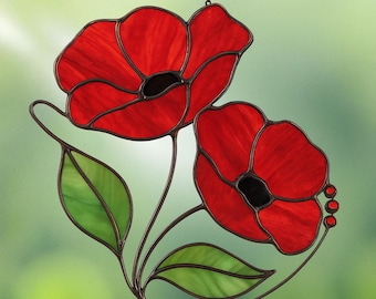 Poppy Flower Red Suncatcher Stained Glass Pattern, Poppy Flower Red Suncatcher Stained Glass Template, Red Suncatcher Stained Glass