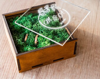 Personalized Ring Box, Ring Box With Glass Lid, Moss Ring Box, Ring Bearer Box Wood, Ring Bearer Box Rustic, Wedding Ring Box