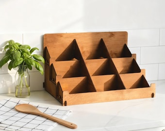 Wood spice organizer countertop, Kitchen spice holder, Countertop spice rack, Wooden spice storage, Spice jar stand