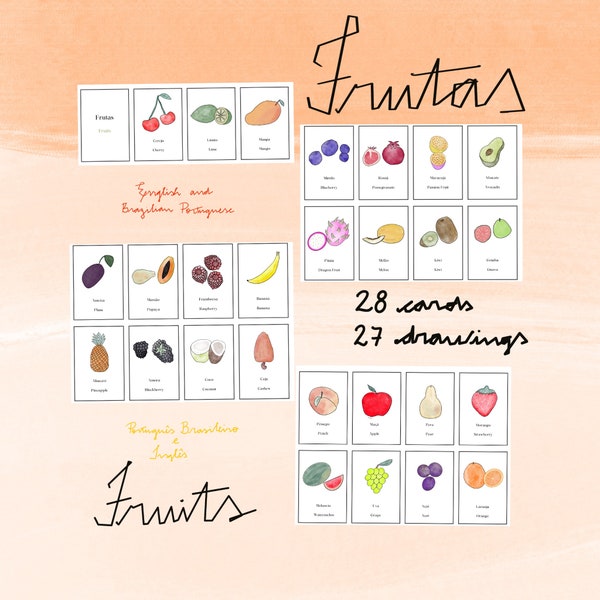 Frutas - Fruits - Lúdico - Português BR e Inglês - BR Portuguese and English - Montessori style flash cards - Digital Download