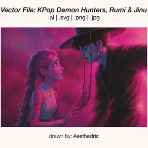 以下が含まれることがあります： 「KPop Demon Hunters, Rumi & Jinu」の2人の人物のデジタルイラスト。長い三つ編みの髪と尖った耳を持つ女性が、帽子をかぶった人物を見上げています。背景はピンクと紫のグラデーションです。上部のテキストは「Vector File: KPop Demon Hunters, Rumi & Jinu」と書かれています。