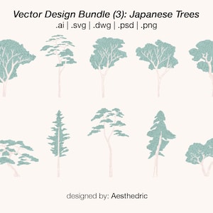Vector Design Bundle 3, Japanese Trees For Architectural Drawings, Digital Illustrations, Prints. Adobe Illustrator, AutoCad, SVG, PNG Files