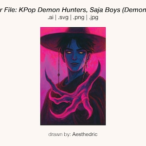 May include: Digital illustration of a figure with blue skin, wearing a hat and dark clothing, with glowing yellow eyes and a reaching hand. The image has a pink and purple background. Text at the top reads "Vector File: KPop Demon Hunters, Saja Boys (Demon Jinu)".