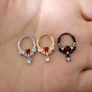 Deadly Love// 16G Skull & Heart Septum Ring| Halloween Septum Jewelry| Dangle Septum Clicker| CZ Daith Hoop Earring| Gothic Aesthetics Gift