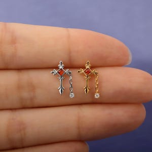 Red CZ Cross Left Helix Piercing, Gothic Chain Dangle Cartilage Stud, Vintage Cross Earring, Flat Helix, Lobe Threadless Flat Back Titanium