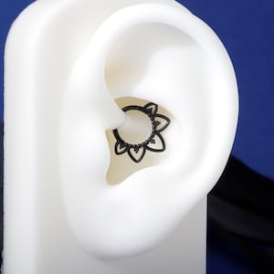 Gothic Black Steel Septum Ring 16G | Clicker Hoop for Nose or Daith Piercing | Flower Design | 1.2×8mm & 10mm | Unisex Jewelry