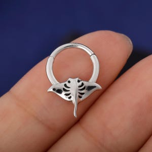 May include: A silver-colored hinged septum ring featuring a manta ray design. The ring is circular with a detailed ray pendant, showcasing the ray's body and fins. The jewelry is shown against a blurred background.