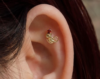 Crimson Scorpion Threadless Push In Helix Stud Earring| 18K Gold Plated Sterling Silver Flat Back Labret| Tragus Helix Conch Stud, Nose Stud