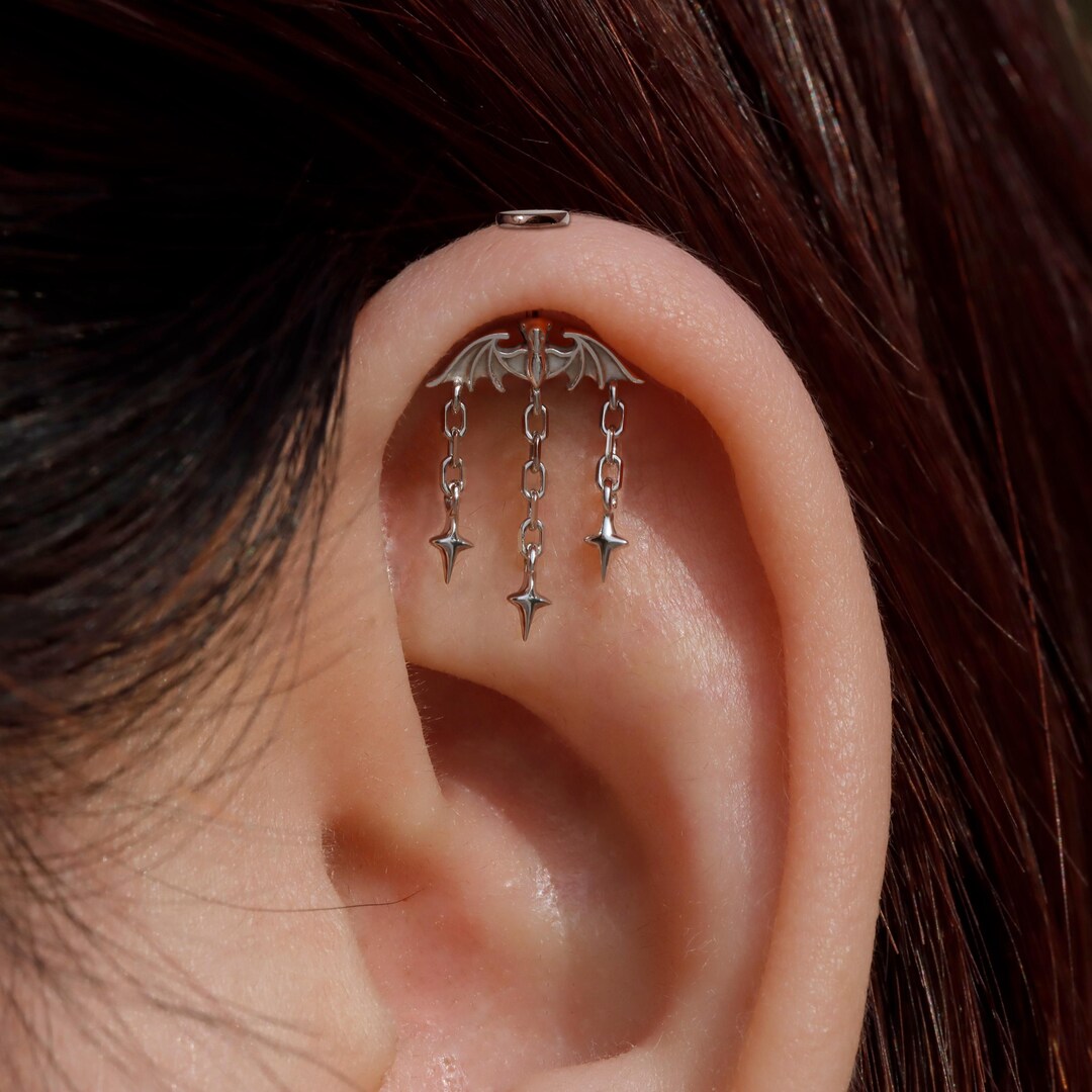 Bat Dangle Stars Vertical Helix Jewelry: Sterling Silver Vetical Helix Dangle Earring, Threadless Push In Goth Cartilage Stud, Own Design - Etsy 日本