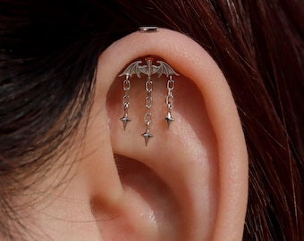 Bat Dangle Stars Vertical Helix Jewelry: Sterling Silver Vetical Helix Dangle Earring, Threadless Push In Goth Cartilage Stud, Own Design