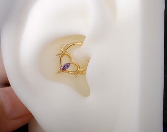16G Heart Thorn Hinged Daith Earring Hoop, Gothic Purple CZ Septum Ring, Edgy Helix Tragus Conch Clicker  Sterling Silver, Original Design