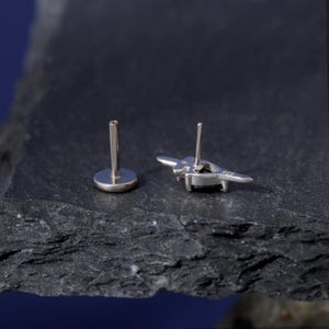 May include: A pair of silver-colored stud earrings. One earring is a post with a round backing, and the other is a stylized bee shape with a black stone center. The earrings are displayed on a dark, textured surface.