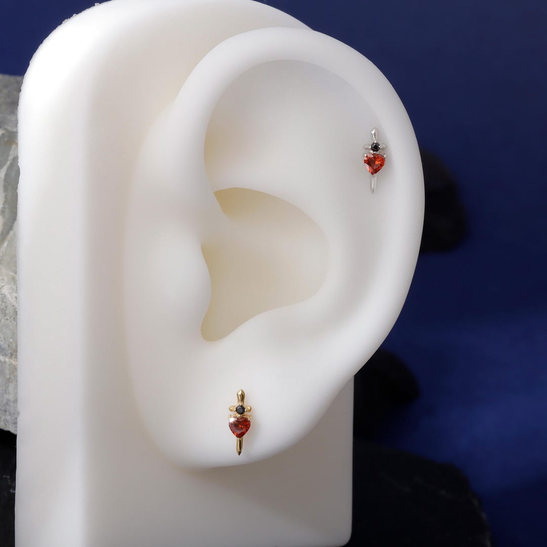 Dagger Heart Threadless Push in Helix Stud Earring| 18K Gold Plated Sterling Silver Flat Back Labret| Tragus Helix Conch Stud, Nose Stud Red - Etsy Japan