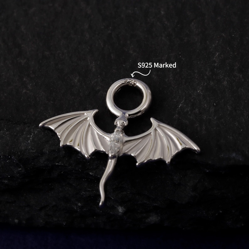 May include: A silver dragon pendant with detailed wings and a loop for a chain. The pendant has a curved tail and etched wing details. The text "S925 Marked" is visible. The pendant is likely made of sterling silver.