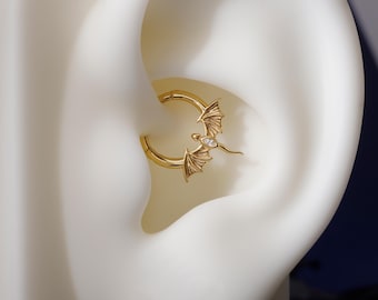 16G Flying Dragon Daith Hoop Earring| Sterling Silver Daith ewelry| Original Design Septum Clicker| Helix Piercing| Gothic Halloween Jewelry