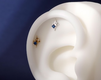 North Star Threadless Push In Helix Stud Earring| 18K Gold Plated Sterling Silver Flat Back Labret| Tragus Helix Conch Stud, Nose Stud Red