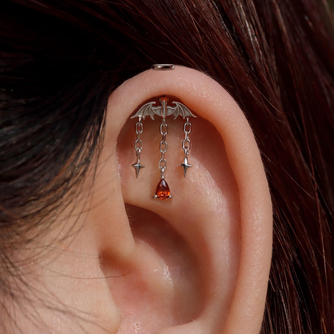 Designed for Vertical Helix Piercing/ 925 Silver Bat Chain Dangle Earring/ Gothic Red Threadless Push in Jewelry/ Hidden Rook Cartilage Stud - Etsy Japan