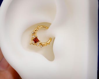 16G Red Gem Gothic Cathedral Daith Earring: 925 Silver Septum Ring Unique Design, Gold Helix Tragus Conch Lobe Clicker Hoop 18K Gold Plated