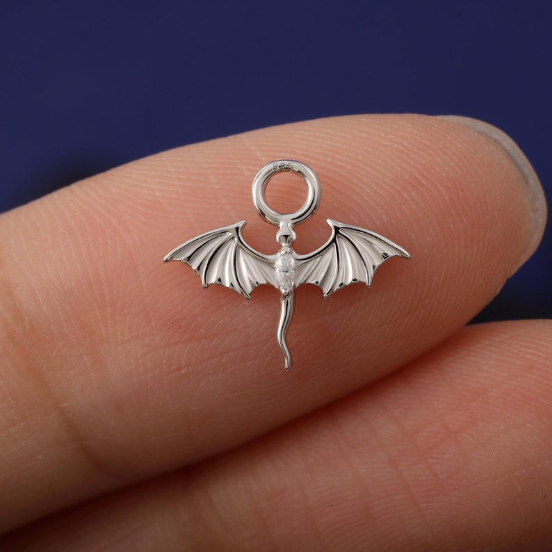 May include: A silver dragon charm with outstretched wings and a long, curved tail. The charm has a small loop at the top for attaching to a necklace or bracelet. The dragon's wings are detailed with multiple ridges.