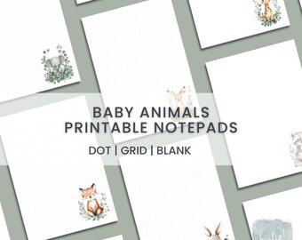 Baby-Tiere Printable Notepad - Dot, Grid & leere Seiten | Niedliches Aquarell | Sofortdownload | A5, A4, US, Halb US | Digitales Briefpapier