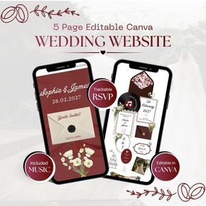 Puede incluir: Dos teléfonos inteligentes muestran una plantilla de sitio web de bodas de 5 páginas editable en Canva. Las pantallas presentan fondos rojo oscuro, gráficos de sobres florales, el texto Sophia & James 28.02.2027 y distintivos circulares con Trackable RSVP, Included MUSIC y Editable in CANVA.