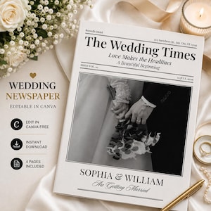 Puede incluir: Una plantilla de periódico de boda titulada The Wedding Times con el texto Love Makes the Headlines, A Beautiful Beginning, Issue Vol. 01, 12 July, 2026 y Sophia & William Are Getting Married, que incluye una foto en blanco y negro de una pareja.