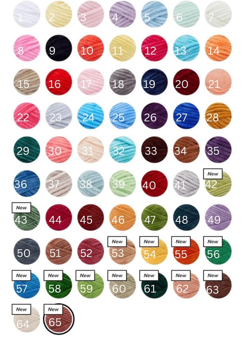 May include: A colour chart displaying 65 numbered yarn samples in a variety of shades, such as white, yellow, pink, blue, green, and brown. Each yarn ball is circular, with 'New' labels on some.