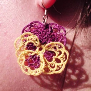 Tatted lace earrings purple yellow Pansies For Thoughts image 1