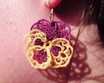 Tatted lace earrings purple yellow Pansies For Thoughts