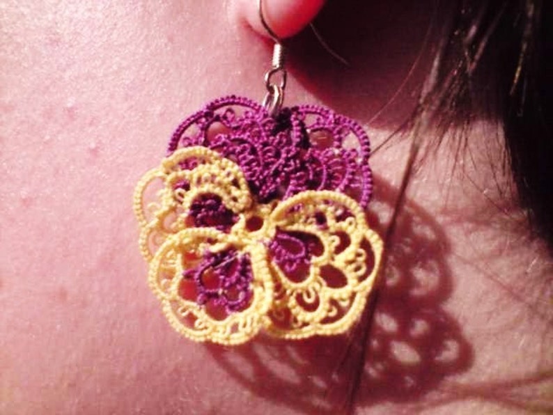 Tatted lace earrings purple yellow Pansies For Thoughts image 1